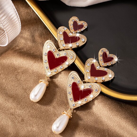 3/$35 14k Gold Plated Red Heart Drop Earrings Statement Pearl Dangle Rhinestone - Picture 7 of 7